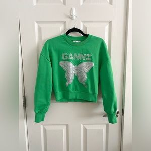 Ganni Green Rhinestone Butterfly Cropped Sweatshirt